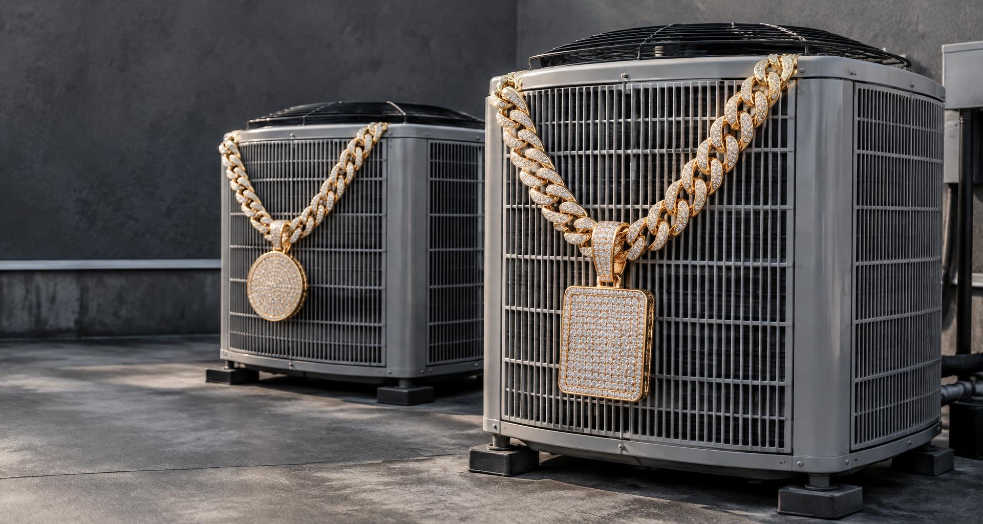 Air conditioning condensers wearing diamond-studded gold chains